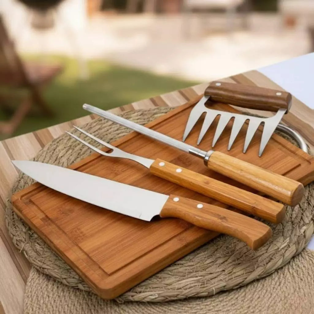 Kit Presente Churrasco Premium | Tábua de Bambu Ecológica e Acessórios em Inox