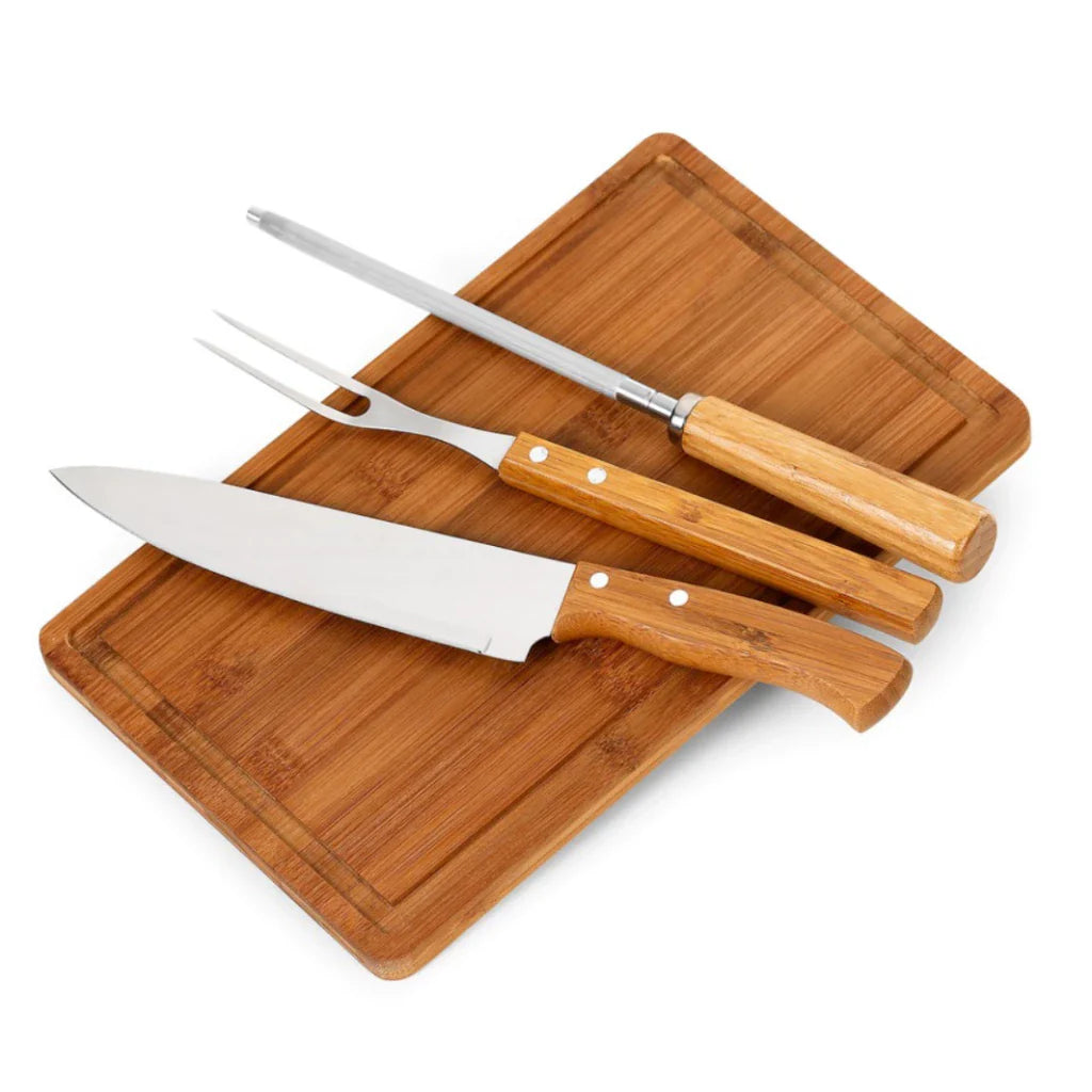 Kit Presente Churrasco Premium | Tábua de Bambu Ecológica e Acessórios em Inox